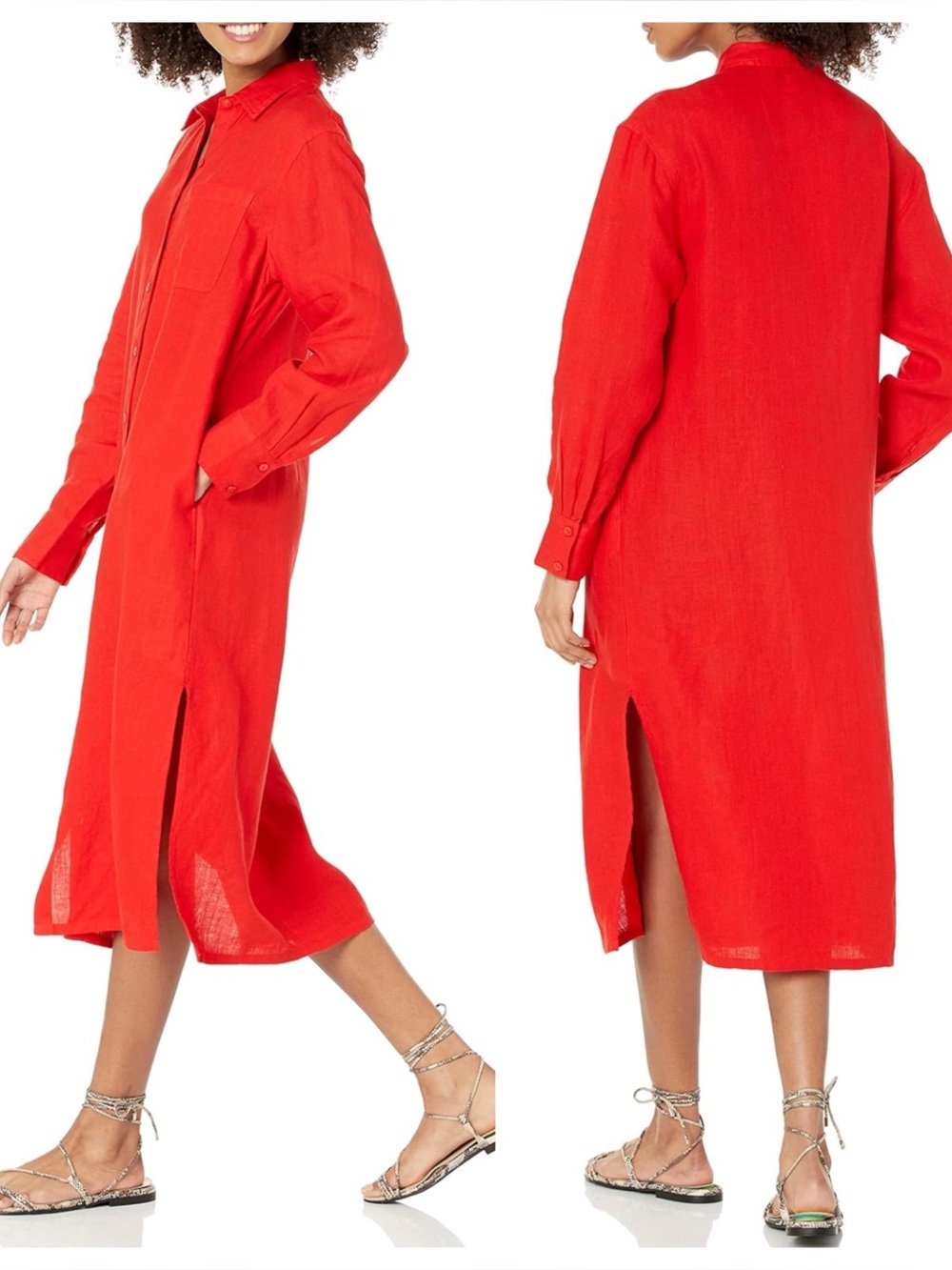 The Drop Fiona Red Linen Midi Shirt Dress Relaxed Button Down Duster Lagenlook M - Picture 3 of 15